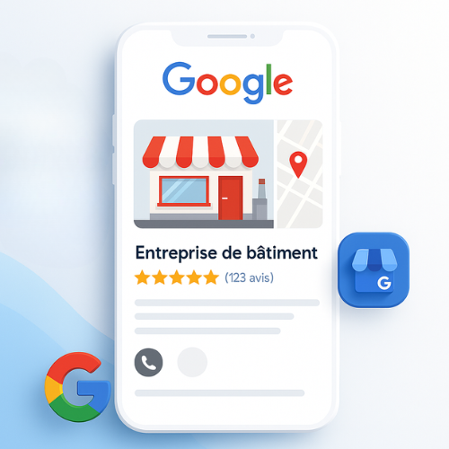 Fiche Google Business illustrant une entreprise de bâtiment avec avis clients, utilisée par The Ovena pour parler de SEO local