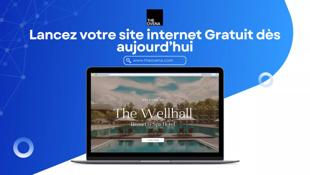 Visuel promotionnel The Ovena avec ordinateur affichant la création d’un site internet gratuit et professionnel